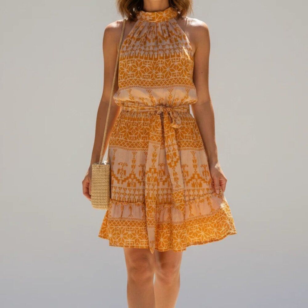 NWT Boho Halter Mini Dress Medium Orange Aztec Geometric Layered Summer Party